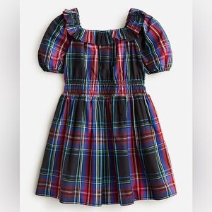 Crewcuts Girls' puff-sleeve dress in black Stewart tartan Plaid 12